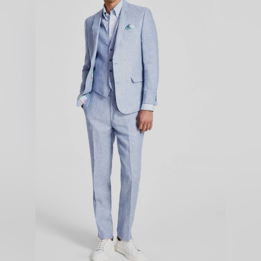 Bar III Men Blue Slim-Fit Linen Jacket Pants 2-Piece Suit 36S / 32Wx30L